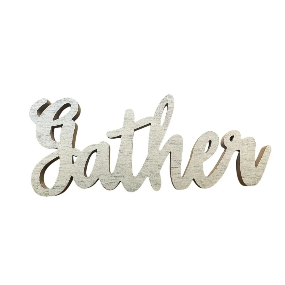 Gather Wooden Word Sign Distress White Farmhouse Wall Decor Rustic Cursive 23in